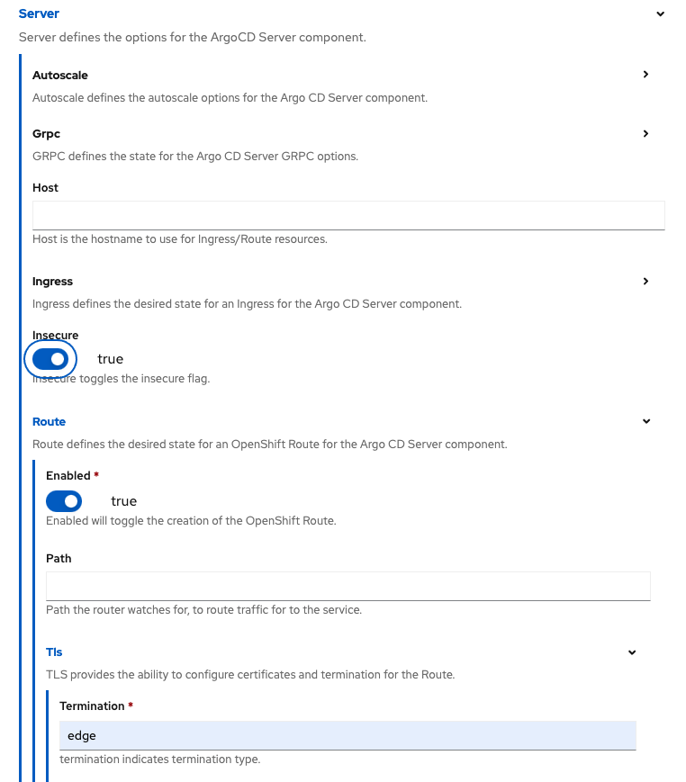 Image of the form view for ArgoCD instance creation with the route settings configured.