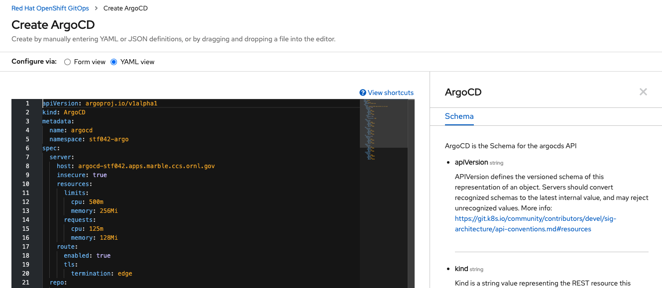 Image of the yaml view for ArgoCD instance creation.
