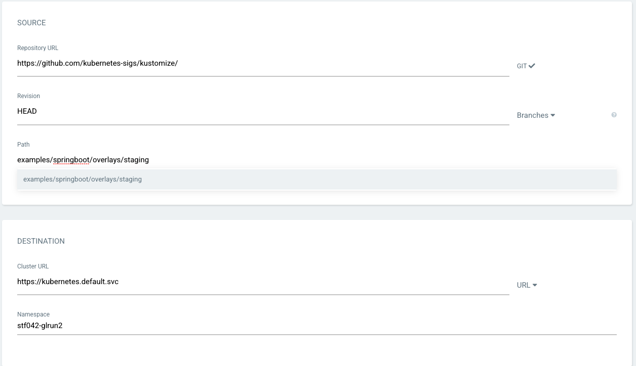 Image of ArgoCD new application source and destination settings.